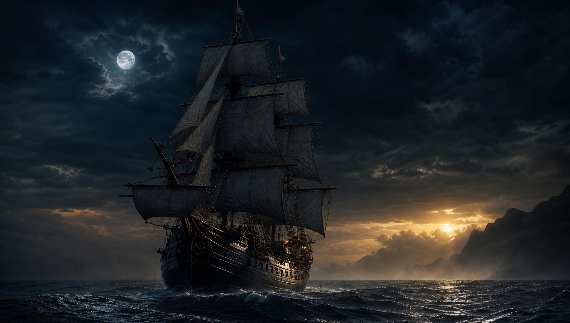 A large three-masted sailing ship, like the Victoria galleon, crossing a stormy moonlit ocean at dusk